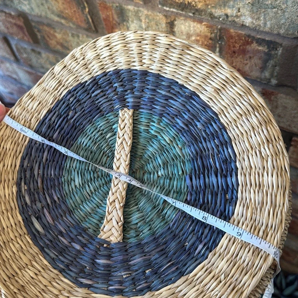 Handwoven Round Seagrass Basket with Lid Blue Green Neutral Striped Boho Storage